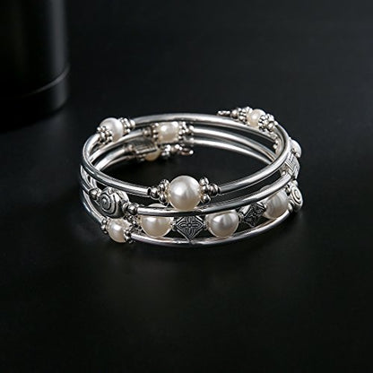 Beaded Pearl Bangle Wrap Bracelet - Fashion Bohemian Jewelry Multilayer Charm Bracelet with Thick Silver Metal Beads, Gift For Women - color: White