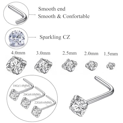 316L Surgical Steel 22g/20g/18g Nose Rings Studs L-Shape Nose Nostrial Piercing Body Jewerly L Shaped Nose Studs 1.5mm 2mm 2.5mm 3mm CZ Nose Screw Studs Rings for Women - style: 6pcs/L-shape/20g/3.0mm Clear CZ/Silver