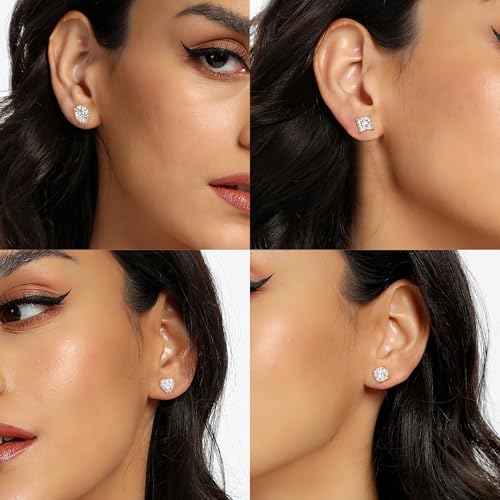 CZ Stud Earrings Set 4 Pairs, Multiple Shapes - Round Heart Princess Cut Oval Clear Cubic Zirconias, White Gold/Rose Gold/Gold - color: White Gold