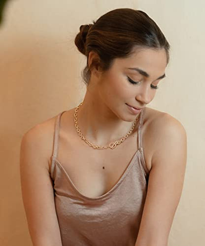 Aobei Pearl 18K Gold Plated Paperclip Chain Choker Satellite Chain Freshwater Cultured Biwa Pearl Pendant Necklace Dainty Turquoise Jewelry for Women - color: Cable Chain