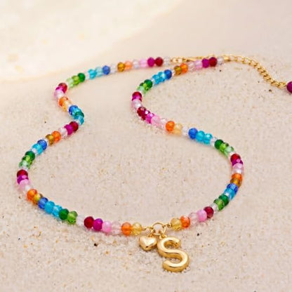 Initial Necklace for Women Colorful Beaded Necklaces Initial Heart Bubble Letter Necklace Summer Necklace Jewelry Gift - color: S