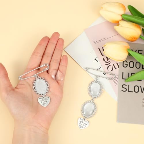 TIESOME 2 Pcs Bouquet Photo Charm, Wedding Memorial Pins DIY Kit | Oval Glass Cabochons with Lacy Frame and Heart Pendant, Keepsake for Bride, Funeral or Memory Bouquet (2 Styles)