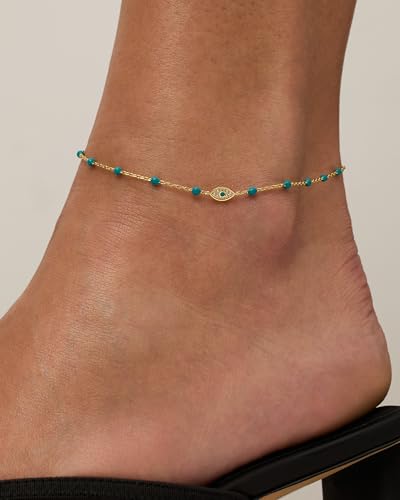 PAVOI 14K Gold Plated Anklet for Women - Trendy Link Chain Ankle Bracelet Summer Jewelry - Boho Dainty Anklets with Cubic Zirconia, Beaded, Evil Eye, Star, Station, Pearls Adjustable Gold Jewelry - style: Evil Eye
