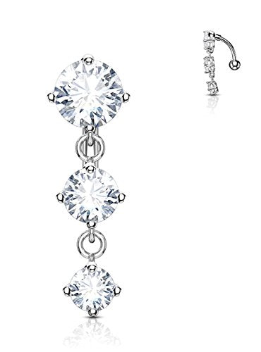 Forbidden Body Jewelry Surgical Steel Sexy Dangle Reverse Mount Triple CZ Vertical Drop Belly Button Ring - color: Steel, Round CZs