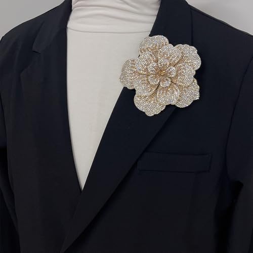 Rhinestone Flower Brooch Pin for Women Men Elegant Sparkly Crystal Camellia Floral Lapel Pins Shawl Dress Suit Clothes Accessories Wedding Party Fashion Jewelry 105mm - color: Beige