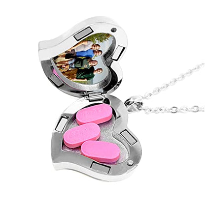 Amour Heart Pill Necklace - Polished Heart Locket with Strong Magnetic Closure - Medication Necklace - Keep Your Medication Securely with You at All Times - 26 Inch Chain - color: Silver