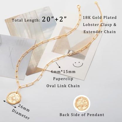 Aobei Pearl 18K Gold Plated Pendant Necklace for Women Dainty Gold Chain Choker Love Heart Disc Coin Pearl Cross Toggle Jewelry - style: Compass Coin Pendant