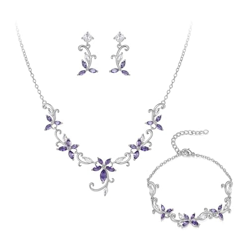 Crysdue Flower Leaf Wedding Jewelry Set for Bridal Bridemaid, Cubic Zirconia Teardrop Elegant Silver/14K/Rose Gold Plated Vine Necklace Dangle Earrings for Prom Party - style: B_Three Set Purple