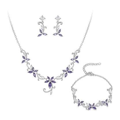 Crysdue Flower Leaf Wedding Jewelry Set for Bridal Bridemaid, Cubic Zirconia Teardrop Elegant Silver/14K/Rose Gold Plated Vine Necklace Dangle Earrings for Prom Party - style: B_Three Set Purple