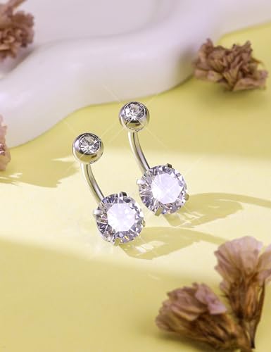 Long Belly Button Ring 6mm 8mm 10mm 12mm 14mm Surgical Stainless Steel Round Cubic Zirconia Navel Barbell Long Bar Belly Button Piercing Jewelry Silver, black, rose gold belly ring - color: 2pcs-8mm-Silver navel ring