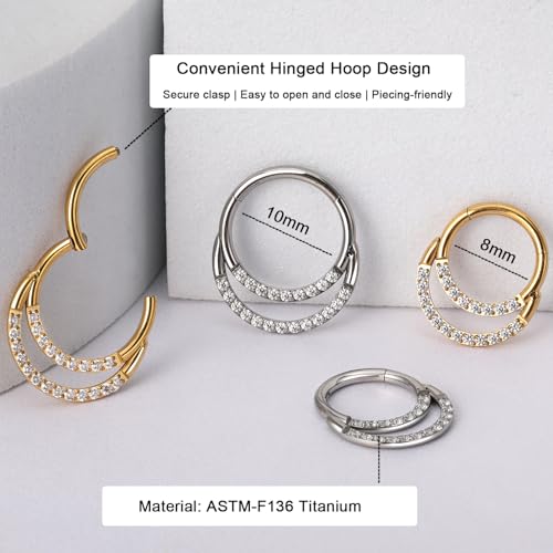 Titanium 16G Septum Ring Piercing Jewelry Nose Rings Hinged Clicker Hoop | G23 Titanium Silver Gold Hinged Segment Daith Piercing Jewelry Non-irritating , Clicker Septum Nose Piercing Jewelry Hoops - color: 09 Circle CZ-Gold, size: 16G-10mm