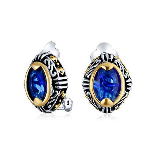 Bali Button Style Two Tone Red Blue Brown Crystal Oval Clip-On Earrings - color: Blue