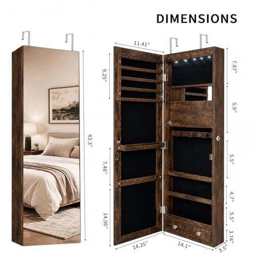 Lockable Jewelry Cabinet Organizer with Full Length Mirror, 6 Auto LED Lights, Wall & Over Door Mount Jewelry Armoire with Earring Slots, Necklace Hooks, Foldable Makeup Shelf - color: Brown