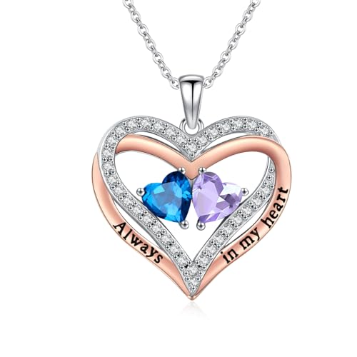 Heart Birthstone Necklace for Women 14K Rose Gold/White Gold Filled Overlapping Double Hearts Pendant Anniversary Valentine's Day Birthday Mother's Day Christmas Gifts for Wife Mom Daughter Her - color: 03-06-Mar-Jun Birthstone-A, style: Double-Layered Lo