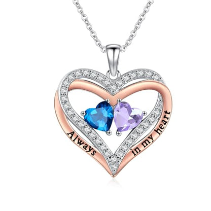 Heart Birthstone Necklace for Women 14K Rose Gold/White Gold Filled Overlapping Double Hearts Pendant Anniversary Valentine's Day Birthday Mother's Day Christmas Gifts for Wife Mom Daughter Her - color: 03-06-Mar-Jun Birthstone-A, style: Double-Layered Lo