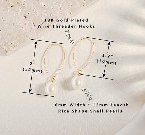 Raw Turquoise/Shell Pearl Drop Dangle Earrings 18K Gold Plated Long Hook Wire Threader Earrings for Women Bohemian Ear Jewelry Gift for Her