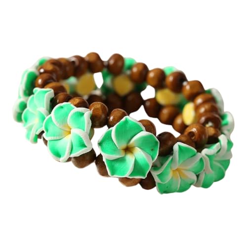 Pingyongchang Boho Hawaiian Plumeria Rubra Bracelets for Women Handmade Colorful Tropical Flower Wooden Beads Stretch Bracelet Summer Beach Holiday Jewelry Gifts - color: Green