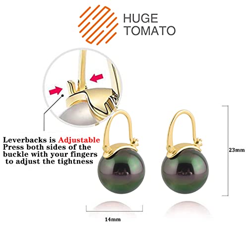 HUGE TOMATO 925 Sterling Silver Simulated Shell Pearl Earrings for Women Trendy, Big Pearl Drop Earrings Leverback Stud,18K Gold Plated Large Pearl Hoop Dangle Hypoallergenic Jewelry 14mm - color: Black Green