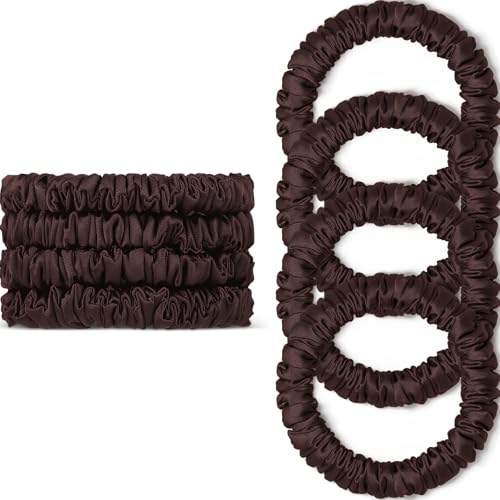 Scrunchies Hair Ties Silk Satin Scrunchy, WantGor Women 4PC Hair Bands | Pure Mulberry Silk Skinny Elastic Scrunchies Bracelets Ponytail Holders Hair Accessories (Brown*4) - color: Brown*4