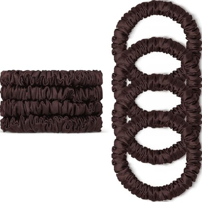 Scrunchies Hair Ties Silk Satin Scrunchy, WantGor Women 4PC Hair Bands | Pure Mulberry Silk Skinny Elastic Scrunchies Bracelets Ponytail Holders Hair Accessories (Brown*4) - color: Brown*4