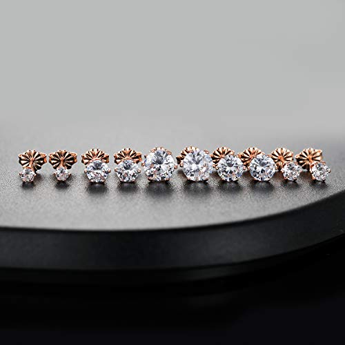 Gemsme 5 Pairs Princess Cut Cubic Zirconia Stud Earrings for Women/Men - 18K Gold Plated Hypoallergenic 3-7mm Square Clear CZ Earring Set - color: 925 Sterling Sliver-Rose Gold-Round 6 Prong