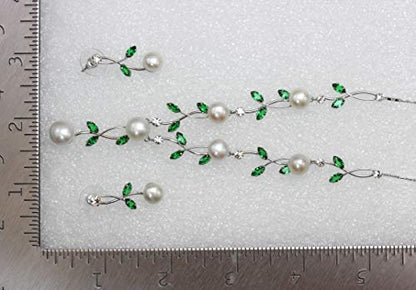 Faship Genuine Freshwater Pearls Floral Necklace Earrings Set | Premium CZ Crystal, Gorgeous, Sparkling - color: Green