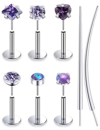 F136 Titanium 20/18/16g Internally Threaded Medusa Monroe Lip Ashley Labret Nose Rings Flat Back Tragus Helix Cartilage Conch Screw Stud Earrings Surgical Steel Piercing Jewelry for Women - color: Purple CZ, size: 16g*1/4in