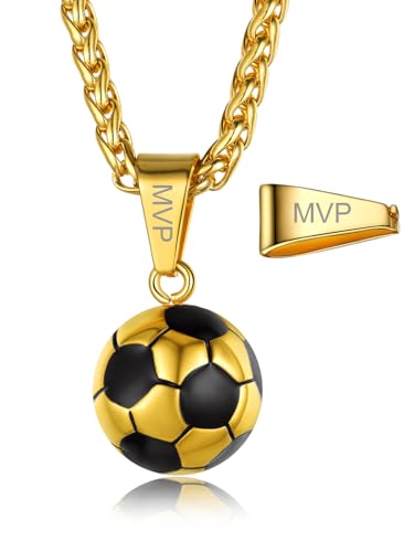 GOLDCHIC JEWELRY Sport Necklaces for Men Teen, Football Baseball Soccer Basketball Softball Necklaces with Stainless Steel Chain Athlete Jewelry Sports Fan Gift - color: Soccer Pendant-Gold, style: Personalised Engraving