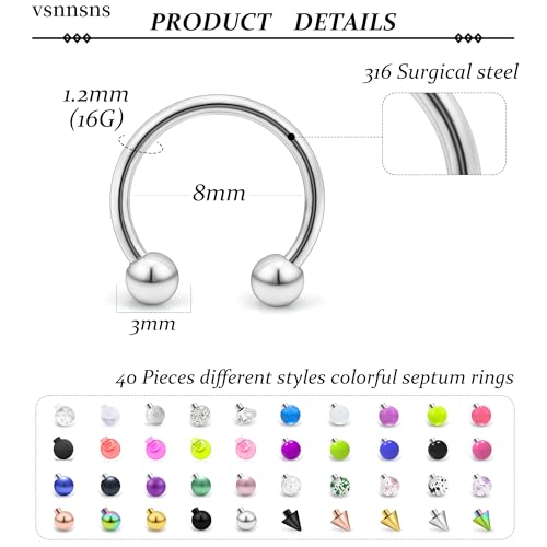 Vsnnsns 14G 16G 18G Septum Rings Piercing Jewelry 316L Stainless Surgical Steel Horseshoe Septum Nose Rings Snake Bite Lip Ring Daith Rook Earrings Smiley Piercing Jewelry for Women Men 8MM 10MM 12MM - color: 16G-8MM Mix Color