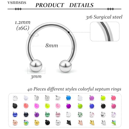 14G 16G 18G Septum Rings Piercing Jewelry 316L Stainless Surgical Steel Horseshoe Septum Nose Rings Snake Bite Lip Ring Daith Rook Earrings Smiley Piercing Jewelry for Women Men 8MM 10MM 12MM - color: 16G-8MM Mix Color