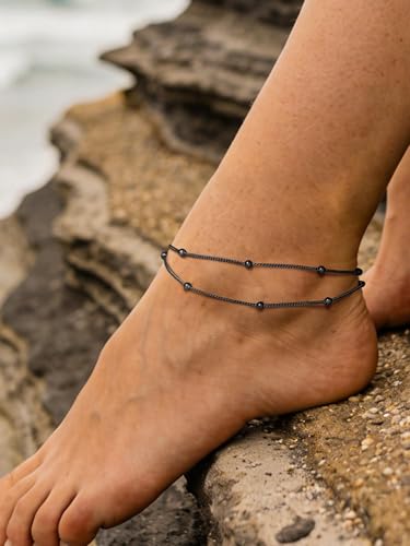 PROSTEEL Anklets for Women Waterproof, Silver/Gold/Black, Stainless Steel | Layered Anklets, Stainless Steel, Durable& No Tarnish, Summer Beach Jewelry, with Gift Box, 8-10.5" Adjustable, Plus Size - color: Black, size: Layer Ball Station