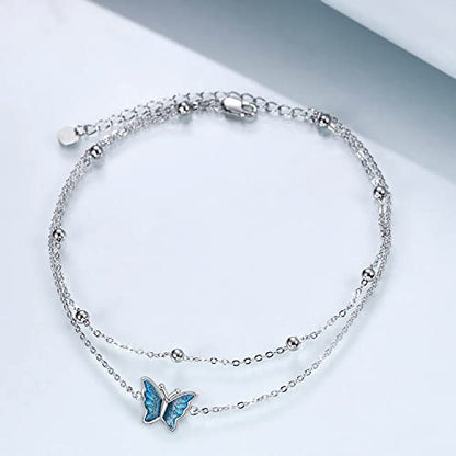 925 Sterling Silver Cat Butterfly Anklets Double Layered Chain for Birthday Women Ankle Bracelet Summer Beach Dainty Jewelry - style: A-Butterfly Anklet