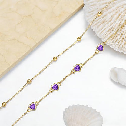 Midari 18K Yellow Gold Gemstone Birthstone Anklet Bracelet Heart Jewelry with 12 Months Birthstone Birthday Gifts for Women Wife Her Daughter Mom - color: 02-Feb-Amethyst, size: Anklet 9"-11"