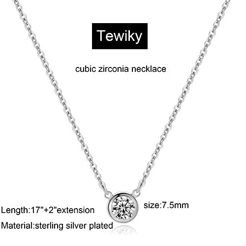 Tewiky Dainty 14k Gold Plated/Silver Cubic Zirconia Necklaces for Women, Simple CZ Jewelry Necklaces Trendy Gifts - color: Silver Bezel CZ