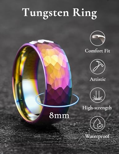 King Will Men's Tungsten Carbide Wedding Ring Hammered Groove Wedding Band Mens Two Tone Engagement Ring for Men and Women Matte Brushed Finish Comfort Fit - color: Rainbow