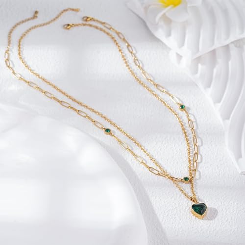 Birthstone Layered Pendant Paperclip Necklace 18k Gold Plated Heart Choker Chain Necklace Emerald Cut Jewelry Birthday Gift for Women - color: Heart Emerald