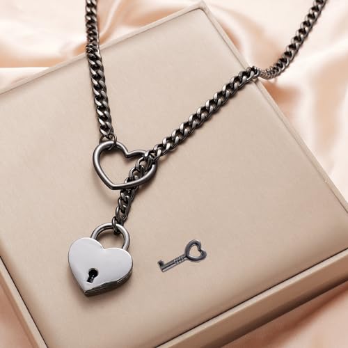 MIFYNN Heart O ring Slip Chain Necklaces for Women Stainless Steel Cuban Chain Bar Necklace Punk Rock Collar Necklace Handmade Adjustable Lariat Y Necklaces for Men - color: Black lock