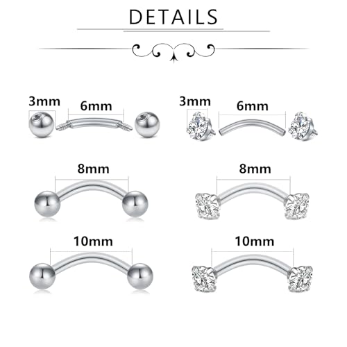 Zolure Eyebrow Piercing Jewelry Curved Barbell Stianless Steel Tiny Eyebrow Ring Daith Rook Earrings Vertical Labret Lip Jewelrys Ear Helix Conch for Women Men 16g 6mm/8mm/10mm - color: 16G 6mm/8mm/10mm #1S