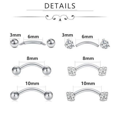 Zolure Eyebrow Piercing Jewelry Curved Barbell Stianless Steel Tiny Eyebrow Ring Daith Rook Earrings Vertical Labret Lip Jewelrys Ear Helix Conch for Women Men 16g 6mm/8mm/10mm - color: 16G 6mm/8mm/10mm #1S
