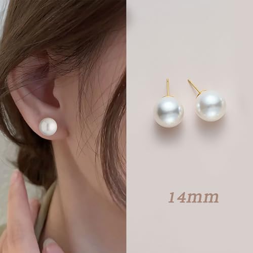 Oversized Faux Pearl Stud Earrings for Women, 14K Gold Plated Sterling Silver Hypoallergenic Large Classic Lightweight Pearl Earrings - size: White-14mm