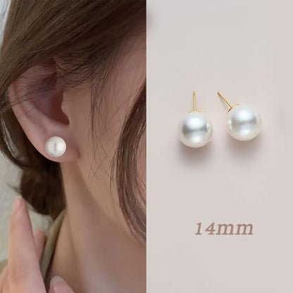 Oversized Faux Pearl Stud Earrings for Women, 14K Gold Plated Sterling Silver Hypoallergenic Large Classic Lightweight Pearl Earrings - size: White-14mm