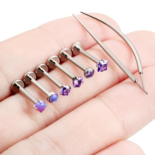 F136 Titanium 20/18/16g Internally Threaded Medusa Monroe Lip Ashley Labret Nose Rings Flat Back Tragus Helix Cartilage Conch Screw Stud Earrings Surgical Steel Piercing Jewelry for Women - color: Purple CZ, size: 16g*3/8in