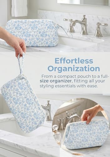 TeeYee Nylon Hair Tools Travel Bag for Dyson Airwrap Quilted Toiletry Bag | Travel Storage Bag for Shark Flexstyle/Curling Iron,Water-repellent,Wide-open,Well-structured,Heat-safe lining,001blueflower - color: Blueflower