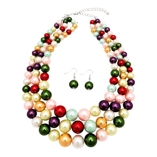 Simulated Pearl Necklace & Earring Set, Multi Strand - color: Bright Mix