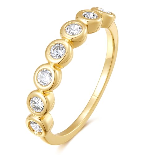 espere Womens Bezel Set Wedding Band | 14K Gold Plated Round Cut CZ Half Eternity Wedding Ring - color: Yellow Gold; Half Eternity Bezel Set