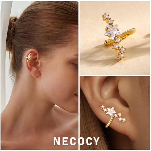 Star 14K Gold Plated Ear Cuff Earrings for Women Non Piercing, Dainty Silver Plated Clip on Cartilage Ear Cuff Non Pierced Trendy CZ Northstar Starburst Sparkling Climber Clawer Earring Jewelry - style: Northstar-Gold