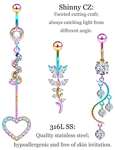 7PCS 14G 10mm Stainless Steel Dangle Belly Button Rings for Women Belly Piercing CZ Inlaid - style: Rainbrow