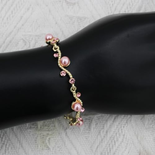 Bridal Pearl Choker Necklace Earrings Bracelet Wedding Crystal Jewelry Set for Women Brides Bridesmaid Prom - color: Pink-Gold Plated