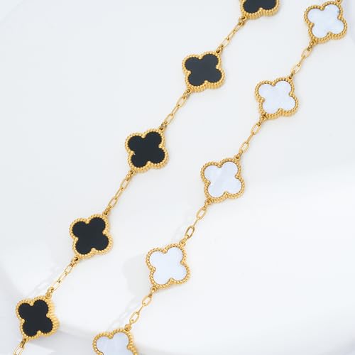 Waterproof Four-Leaf Clover Bracelet,Adjustable Link Double Sided Jewelry, Lovely Fashion Jewelry Gift for Women - color: Black Bracelet + White Bracelet