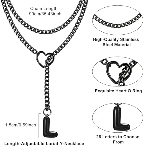 Black Heart Slip Chain Initial Necklaces for Women, Stainless Steel Wrap Choker Necklace, Gothic O-Ring Adjustable Lariat Y Necklaces, Punk Cuban Collar Choker Necklace, Halloween Jewelry Gift - color: Black L